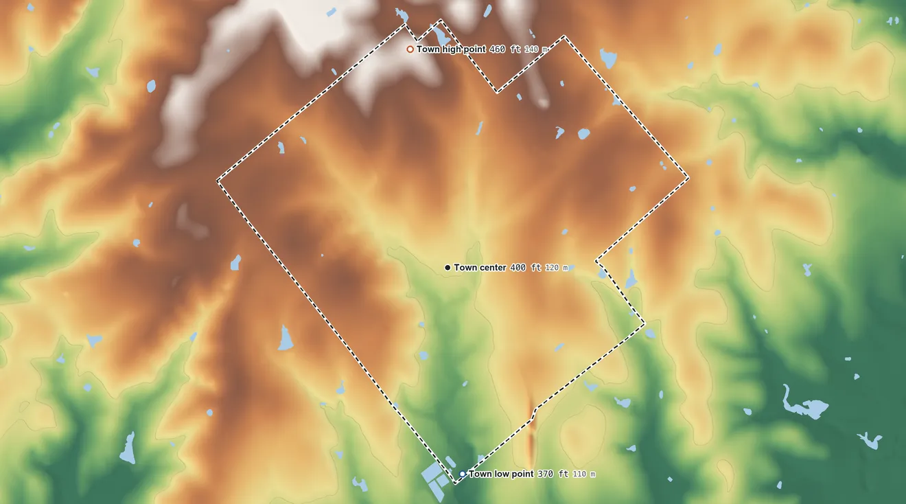 Topographic elevation map of Poth, Texas, shaded from 370 ft on the south side to 460 ft on the north side