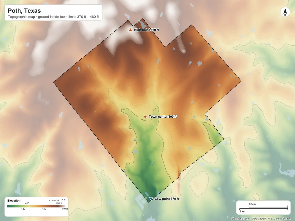Topographic elevation map of Poth, Texas, shaded from 370 ft on the south side to 460 ft on the north side