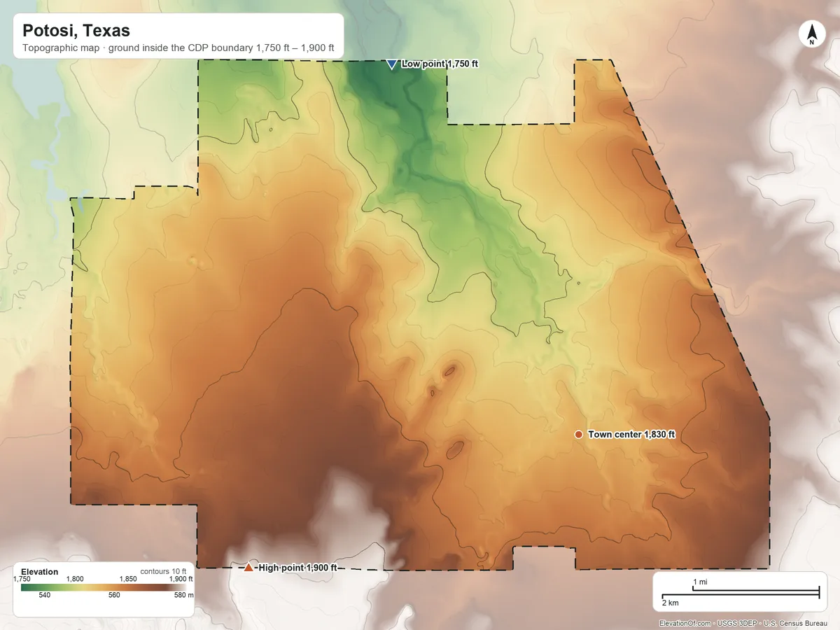 Topographic elevation map of Potosi, Texas, shaded from 1,750 ft on the northwest side to 1,900 ft at the foot of the Callahan Divide