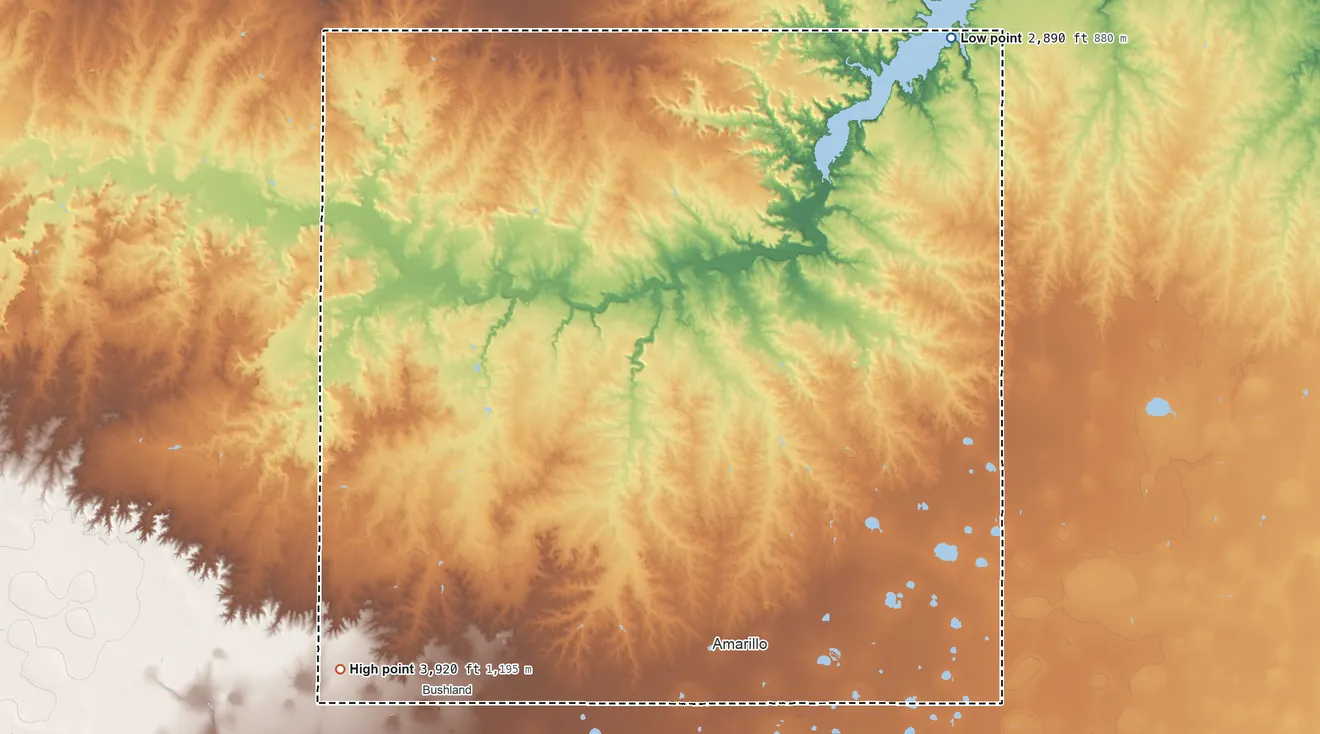 Topographic elevation map of Potter County, Texas, shaded from 2,890 ft on the northeast side to 3,920 ft on the southwest side