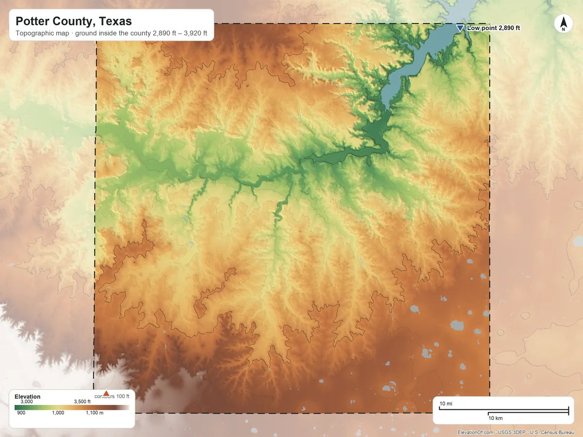 Topographic elevation map of Potter County, Texas, shaded from 2,890 ft on the northeast side to 3,920 ft on the southwest side