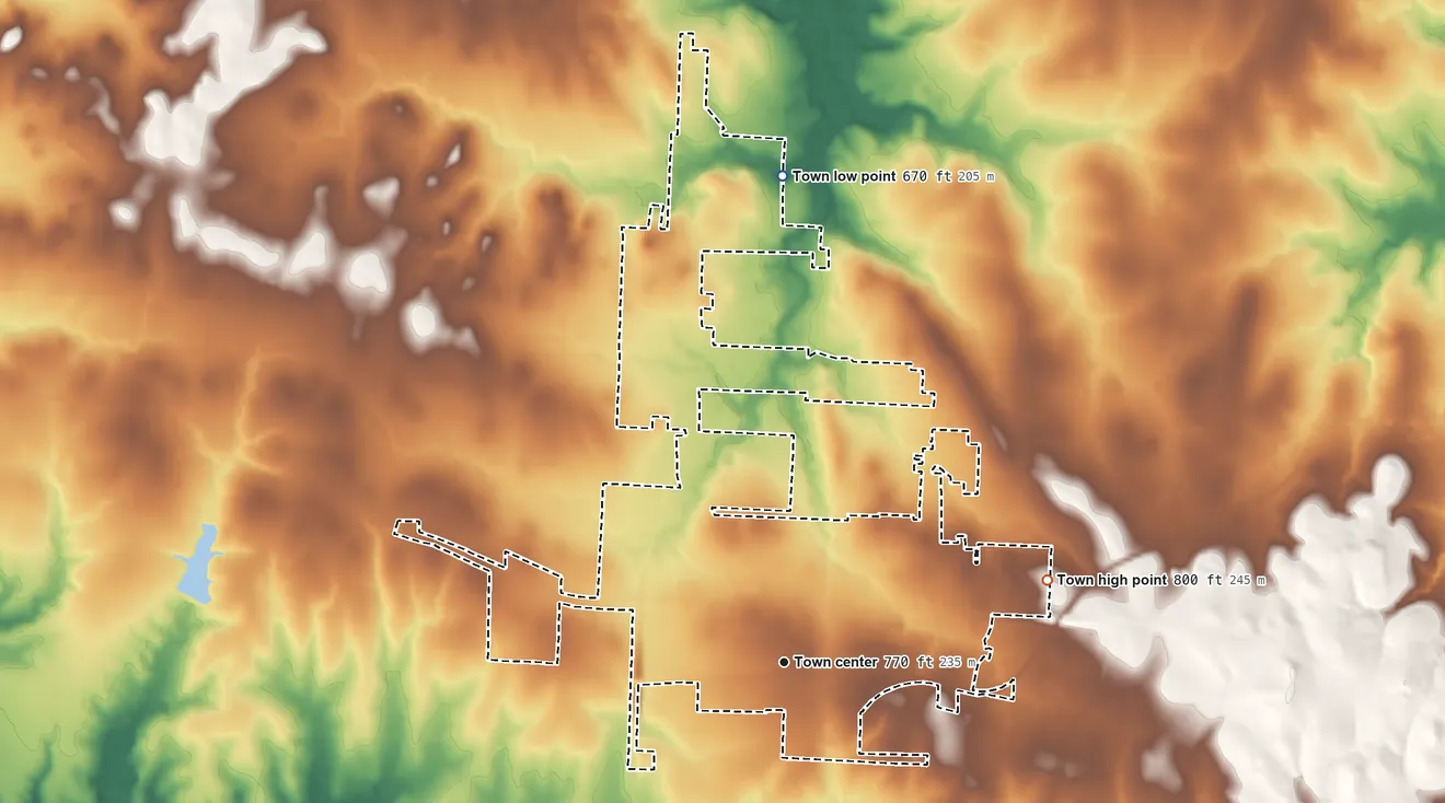 Topographic elevation map of Pottsboro, Texas, shaded from 670 ft on the north side to 800 ft on the east side
