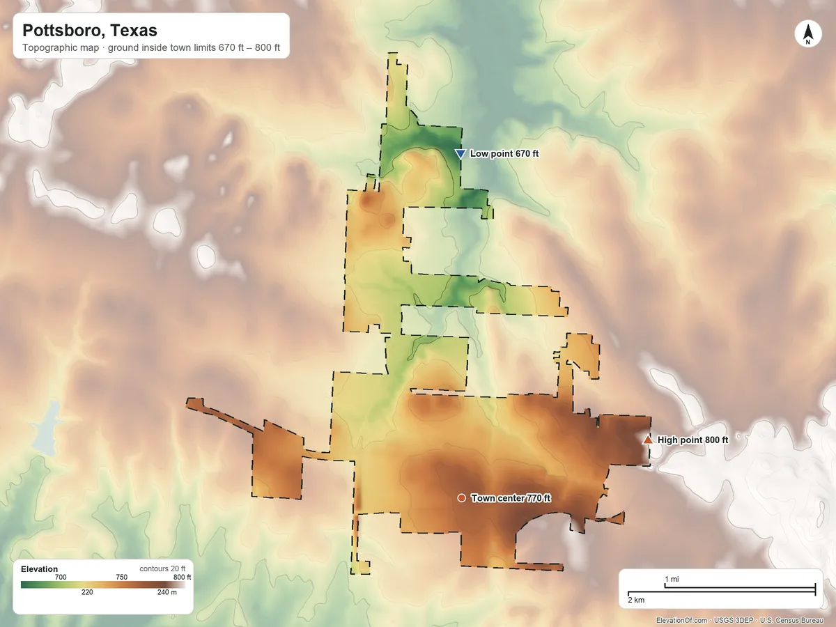 Topographic elevation map of Pottsboro, Texas, shaded from 670 ft on the north side to 800 ft on the east side