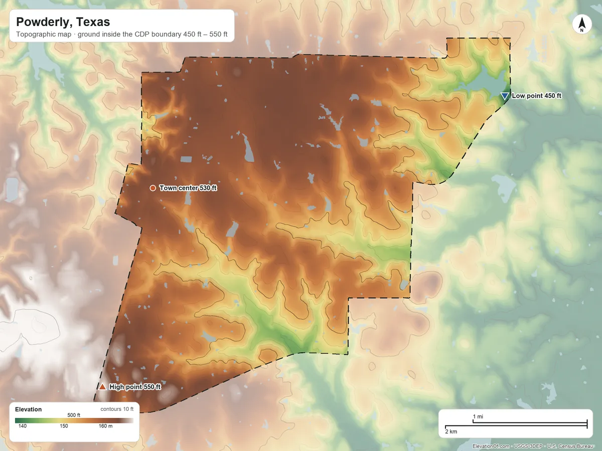 Topographic elevation map of Powderly, Texas, shaded from 450 ft on the east side to 550 ft on the south side