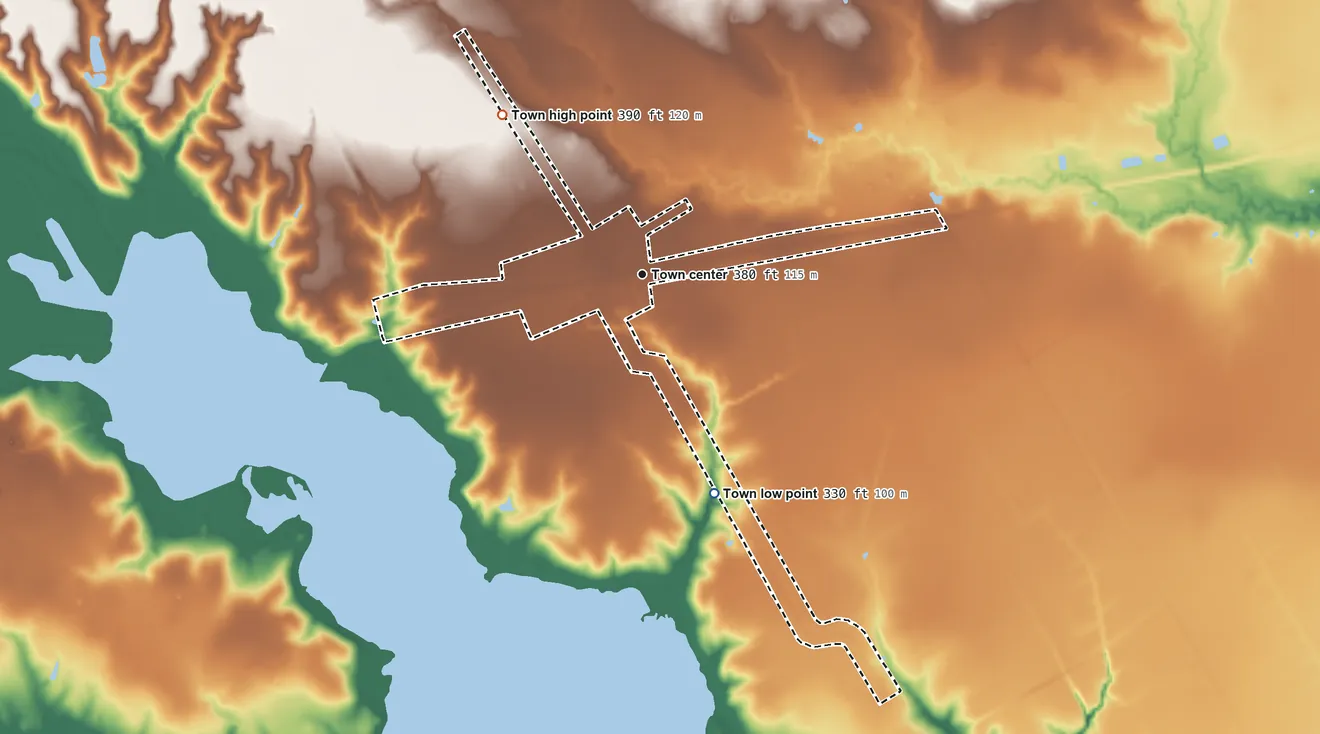 Topographic elevation map of Powell, Texas, shaded from 330 ft on the south side to 390 ft on the northwest side
