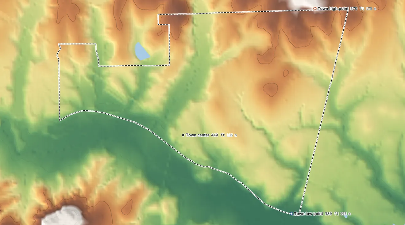 Topographic elevation map of Poynor, Texas, shaded from 380 ft on the southeast side to 570 ft on the northeast side