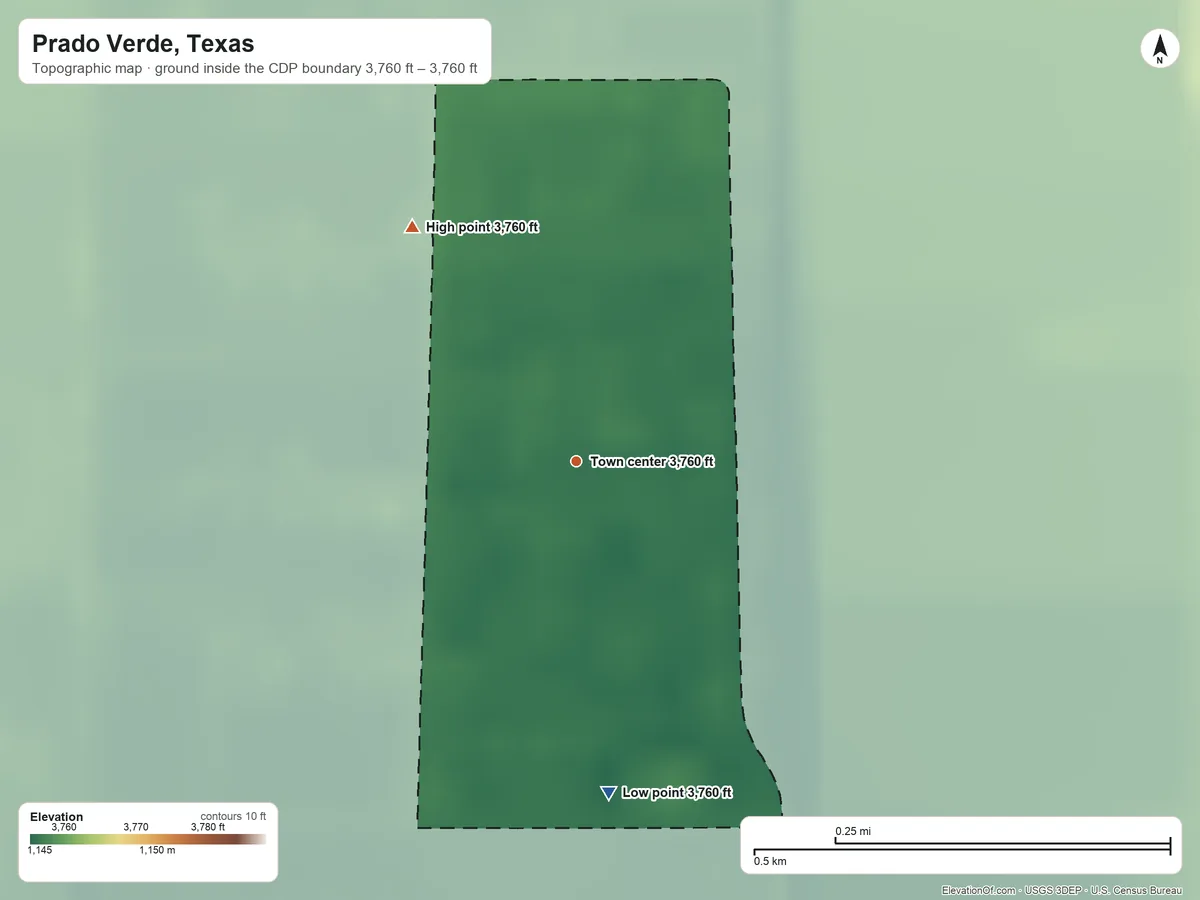 Topographic elevation map of Prado Verde, Texas, shaded from 3,760 ft on the south side to 3,760 ft on the northwest side