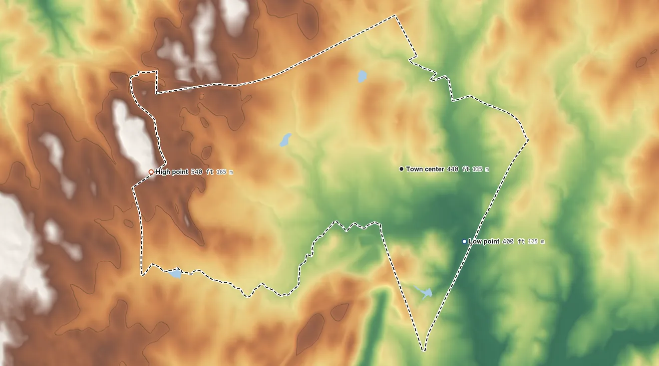 Topographic elevation map of Praesel, Texas, shaded from 400 ft on the southeast side to 540 ft on the west side