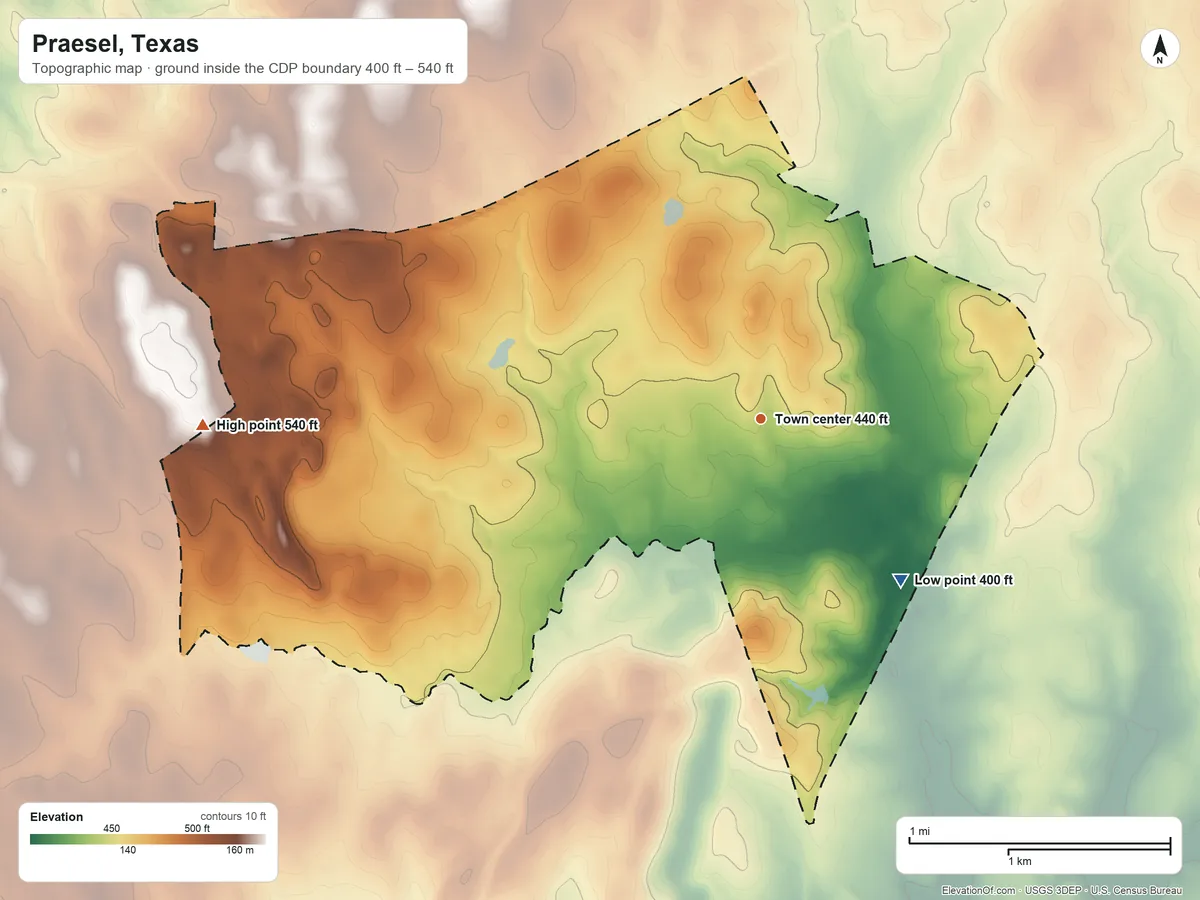 Topographic elevation map of Praesel, Texas, shaded from 400 ft on the southeast side to 540 ft on the west side