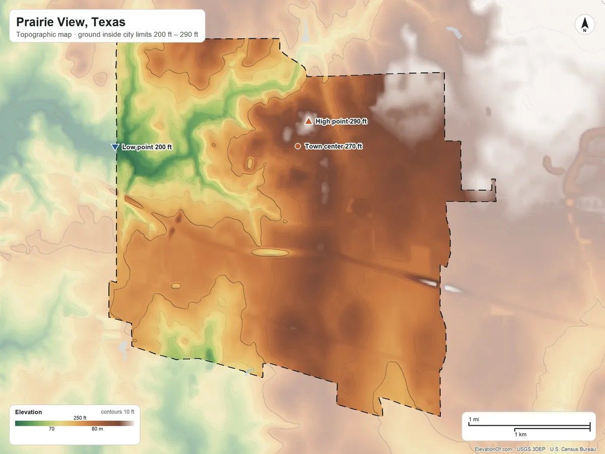 Topographic elevation map of Prairie View, Texas, shaded from 200 ft on the west side to 290 ft near the middle