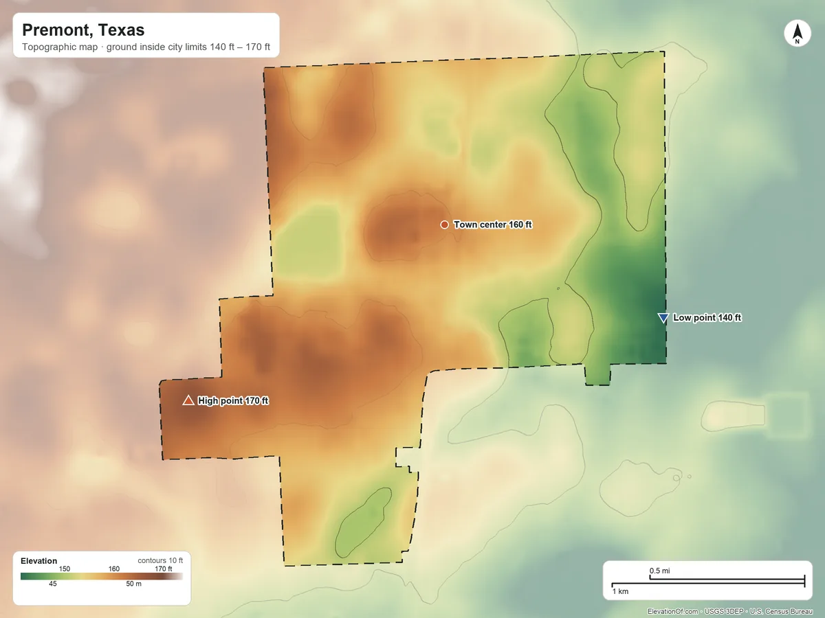Topographic elevation map of Premont, Texas, shaded from 140 ft on the southeast side to 170 ft on the southwest side