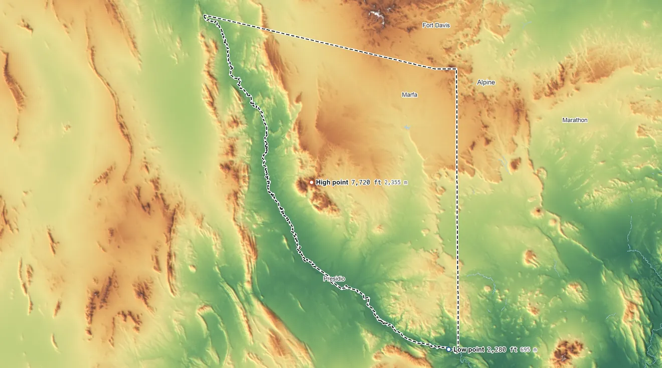 Topographic elevation map of Presidio County, Texas, shaded from 2,280 ft on the southeast side to 7,720 ft on Chinati Peak