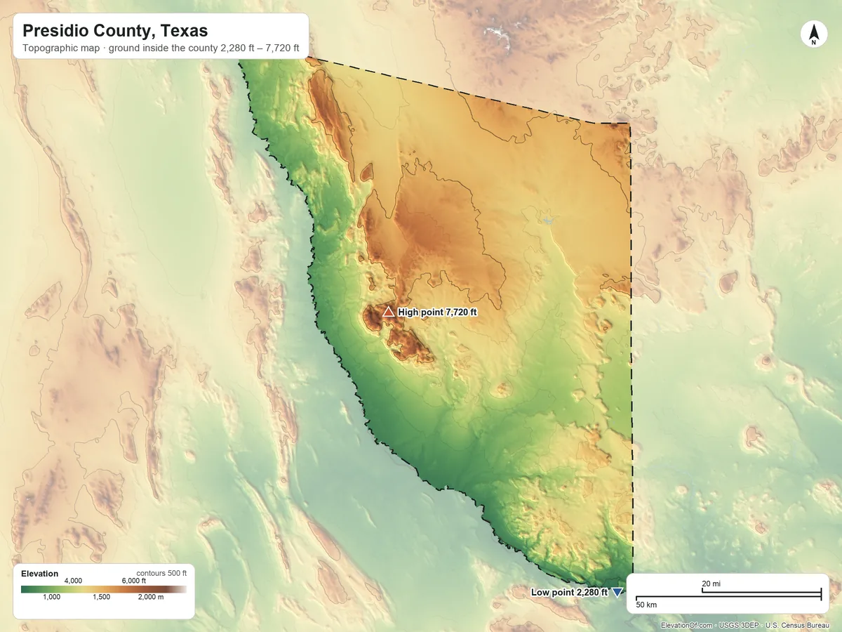 Topographic elevation map of Presidio County, Texas, shaded from 2,280 ft on the southeast side to 7,720 ft on Chinati Peak