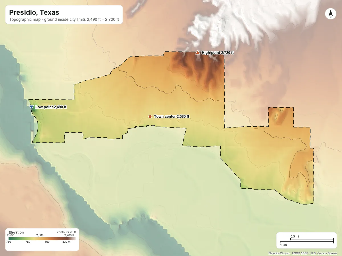 Topographic elevation map of Presidio, Texas, shaded from 2,490 ft on the west side to 2,720 ft on the northeast side