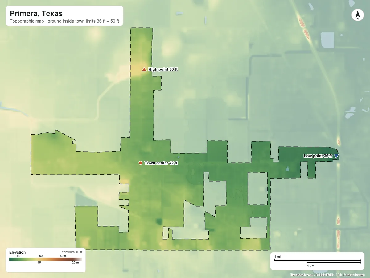 Topographic elevation map of Primera, Texas, shaded from 36 ft on the east side to 50 ft on the north side
