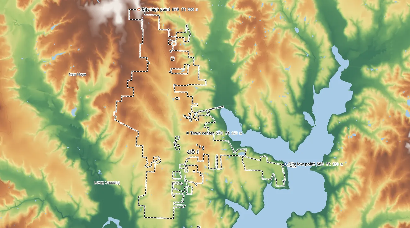 Topographic elevation map of Princeton, Texas, shaded from 500 ft on the east side to 670 ft on the north side