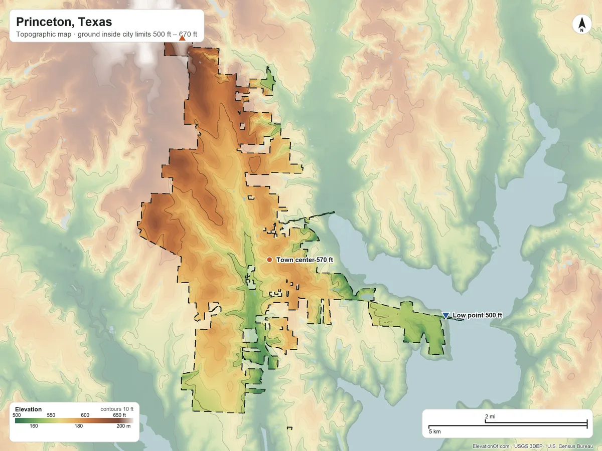 Topographic elevation map of Princeton, Texas, shaded from 500 ft on the east side to 670 ft on the north side