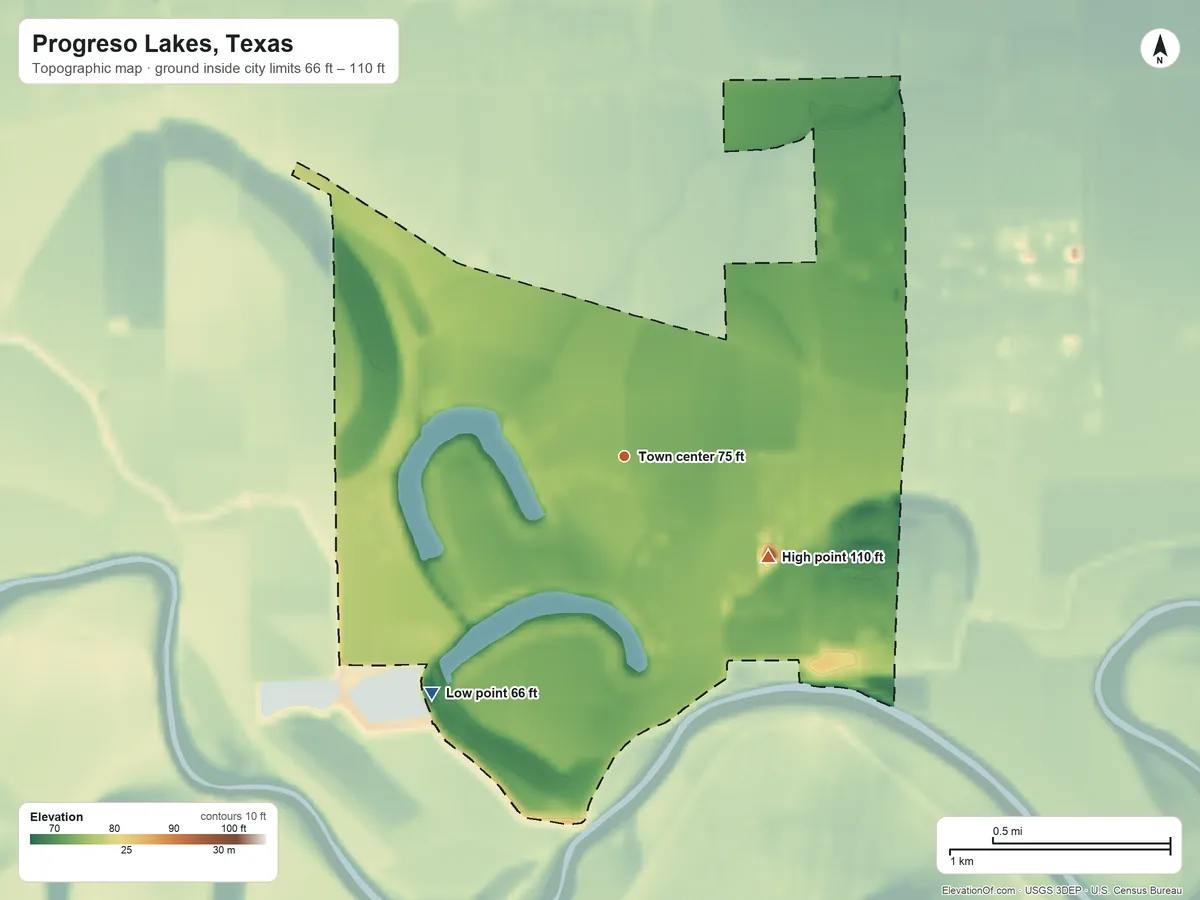 Topographic elevation map of Progreso Lakes, Texas, shaded from 66 ft on the southwest side to 110 ft on the southeast side