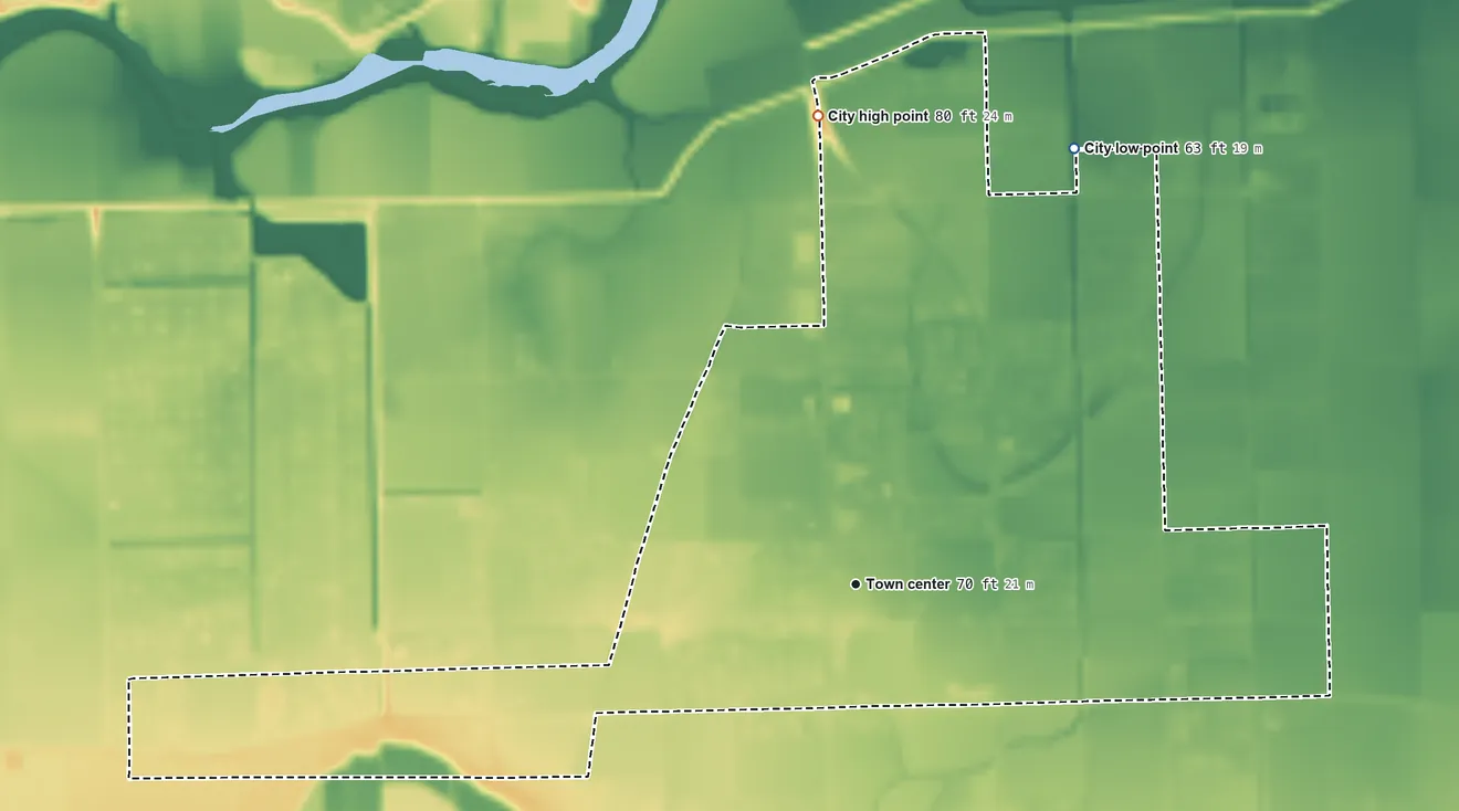 Topographic elevation map of Progreso, Texas, shaded from 63 ft on the northeast side to 80 ft on the north side