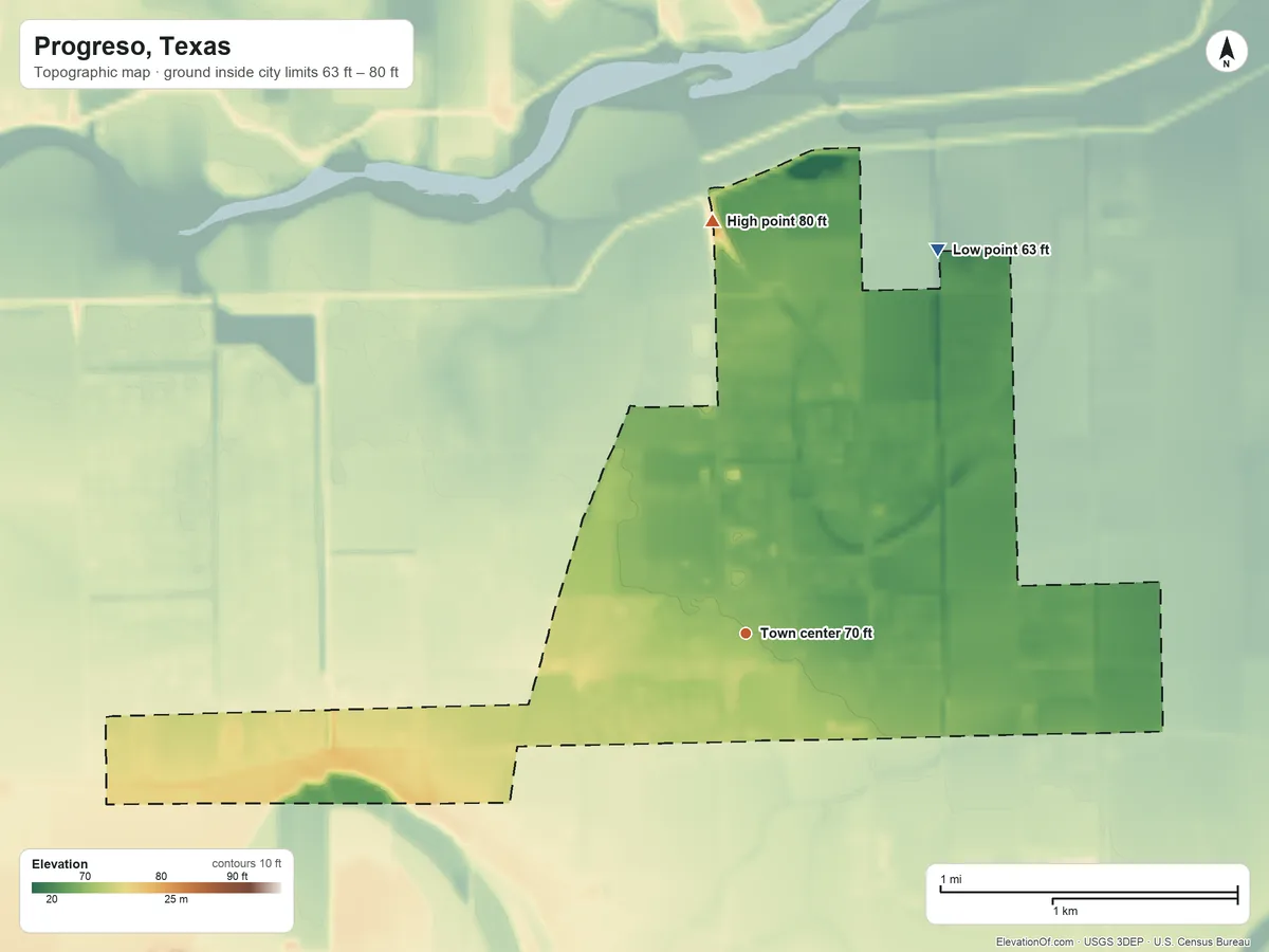 Topographic elevation map of Progreso, Texas, shaded from 63 ft on the northeast side to 80 ft on the north side