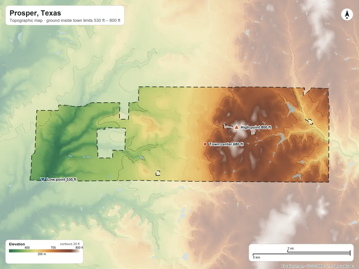 Topographic elevation map of Prosper, Texas, shaded from 530 ft on the west side to 800 ft on the northeast side