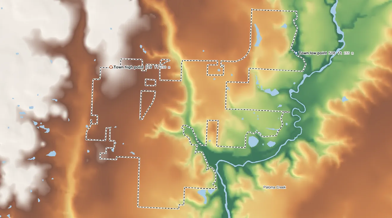 Topographic elevation map of Providence Village, Texas, shaded from 510 ft on the northeast side to 620 ft on the northwest side