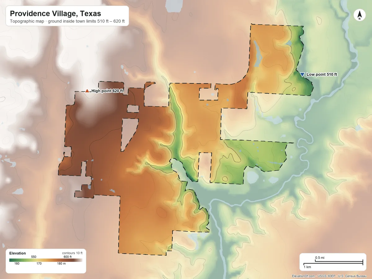 Topographic elevation map of Providence Village, Texas, shaded from 510 ft on the northeast side to 620 ft on the northwest side