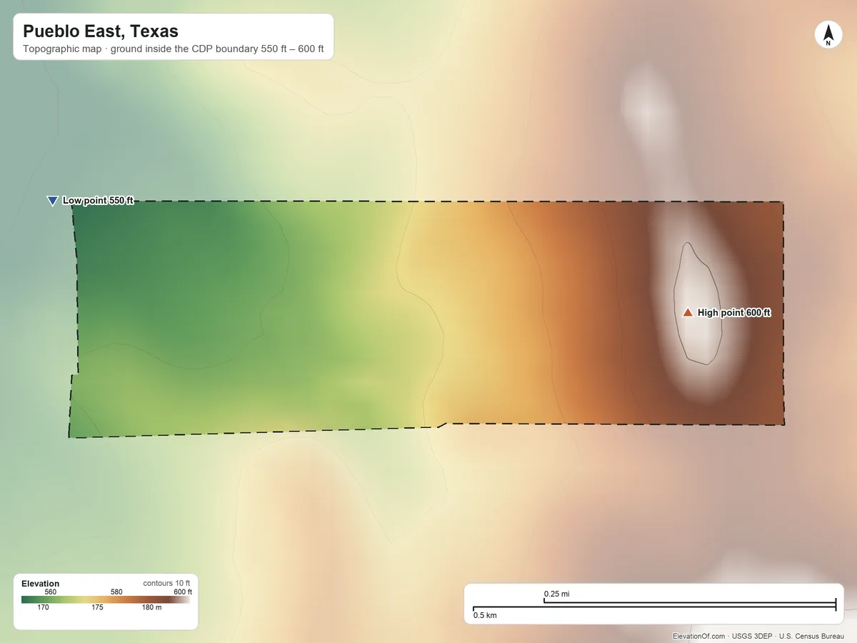 Topographic elevation map of Pueblo East, Texas, shaded from 550 ft on the west side to 600 ft on the east side