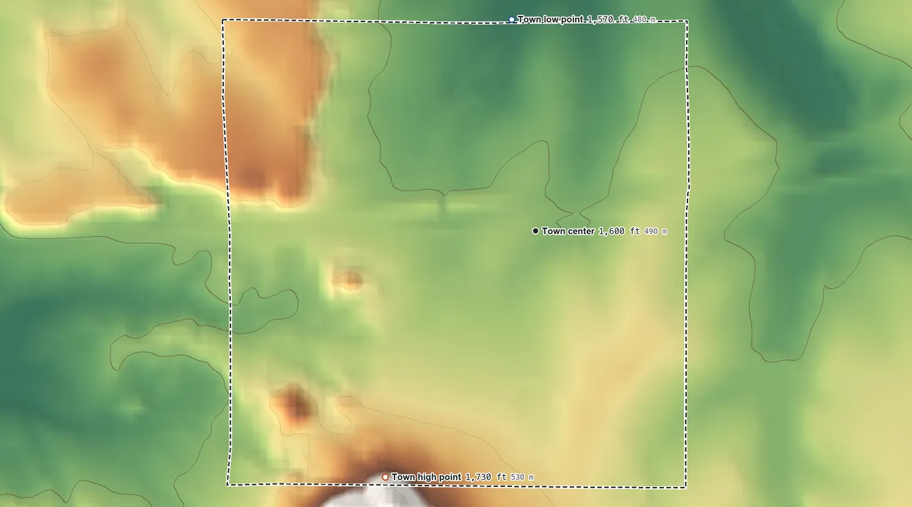 Topographic elevation map of Putnam, Texas, shaded from 1,570 ft on the north side to 1,730 ft on the southwest side