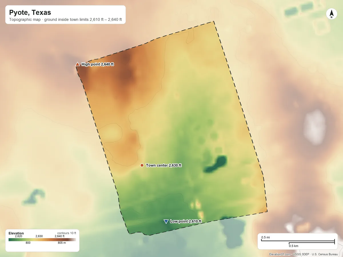Topographic elevation map of Pyote, Texas, shaded from 2,610 ft on the southeast side to 2,640 ft on the northwest side
