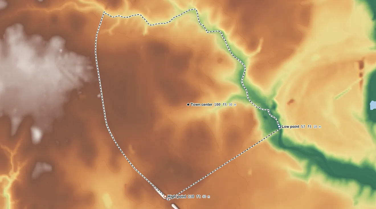 Topographic elevation map of Quail Creek, Texas, shaded from 57 ft on the east side to 130 ft on the south side