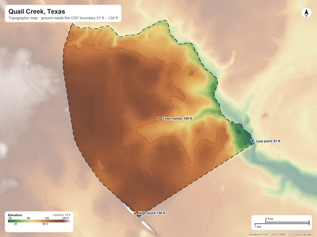 Topographic elevation map of Quail Creek, Texas, shaded from 57 ft on the east side to 130 ft on the south side