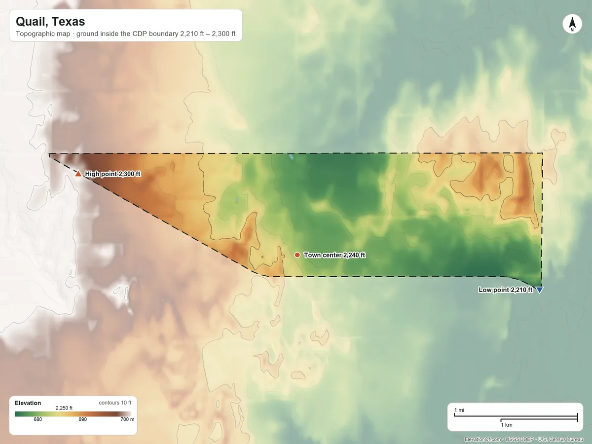 Topographic elevation map of Quail, Texas, shaded from 2,210 ft on the east side to 2,300 ft on the west side