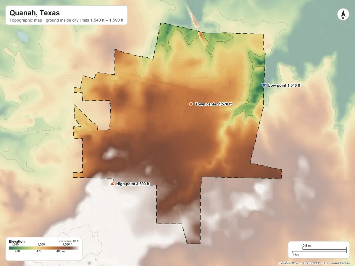 Topographic elevation map of Quanah, Texas, shaded from 1,540 ft on the east side to 1,590 ft on the southwest side