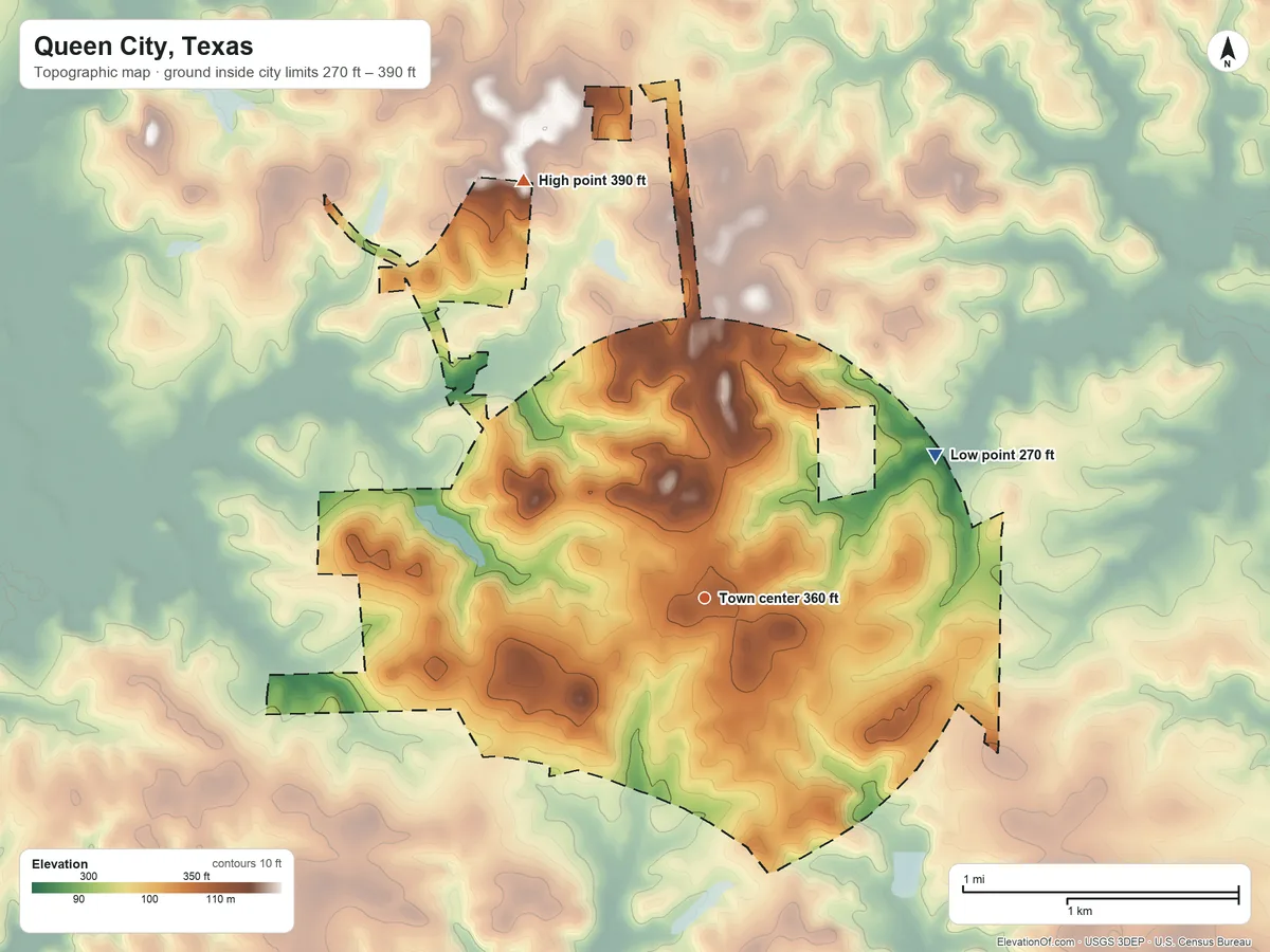 Topographic elevation map of Queen City, Texas, shaded from 270 ft on the northeast side to 390 ft on the northwest side