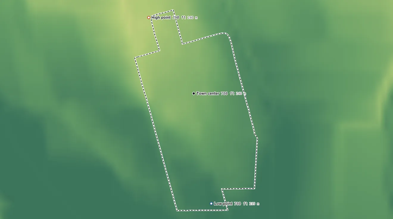Topographic elevation map of Quemado, Texas, shaded from 780 ft on the south side to 790 ft on the northwest side