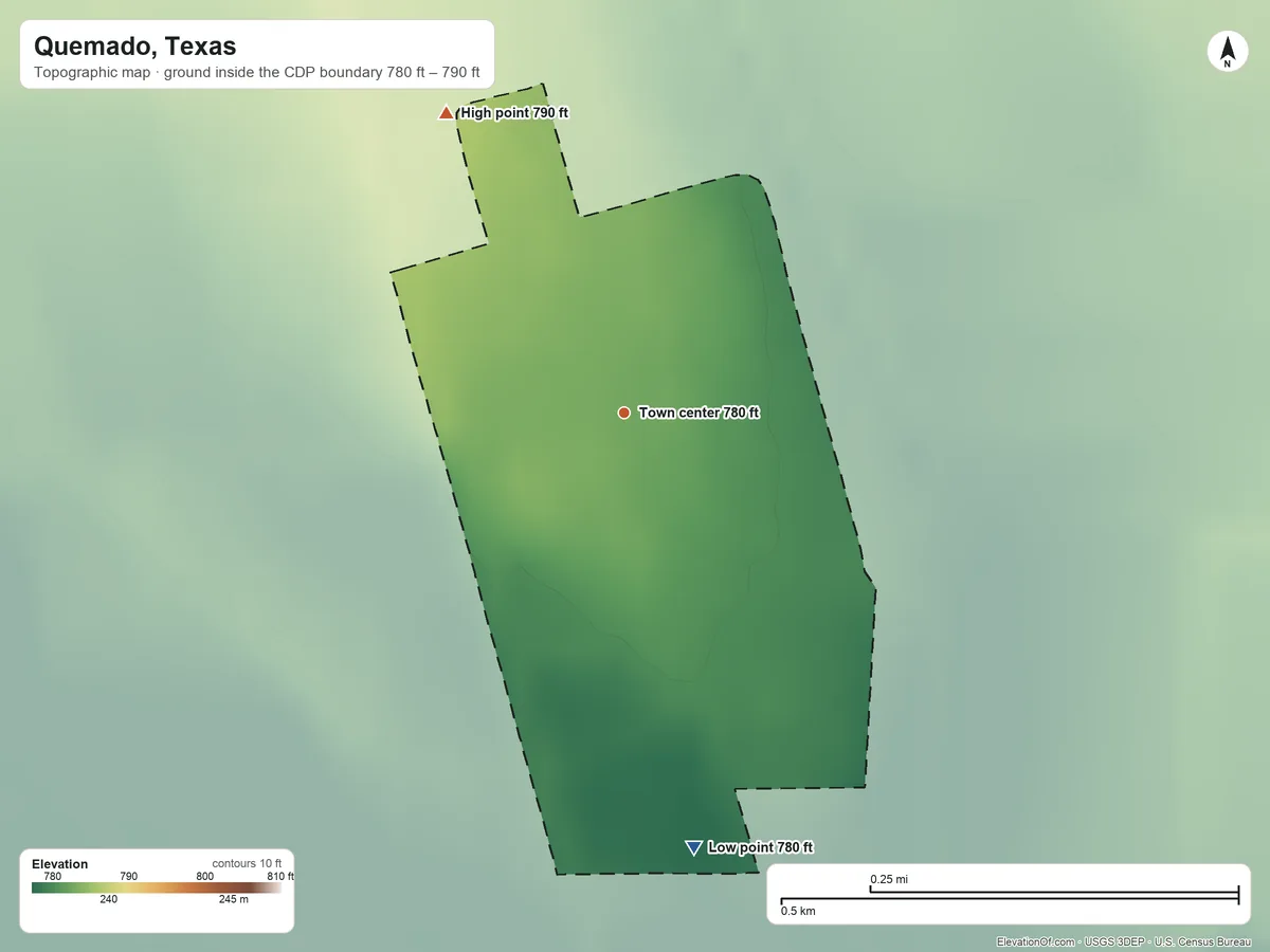 Topographic elevation map of Quemado, Texas, shaded from 780 ft on the south side to 790 ft on the northwest side