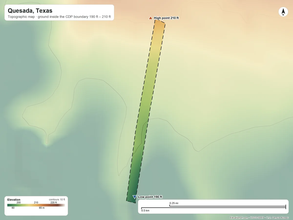 Topographic elevation map of Quesada, Texas, shaded from 190 ft on the south side to 210 ft on the north side