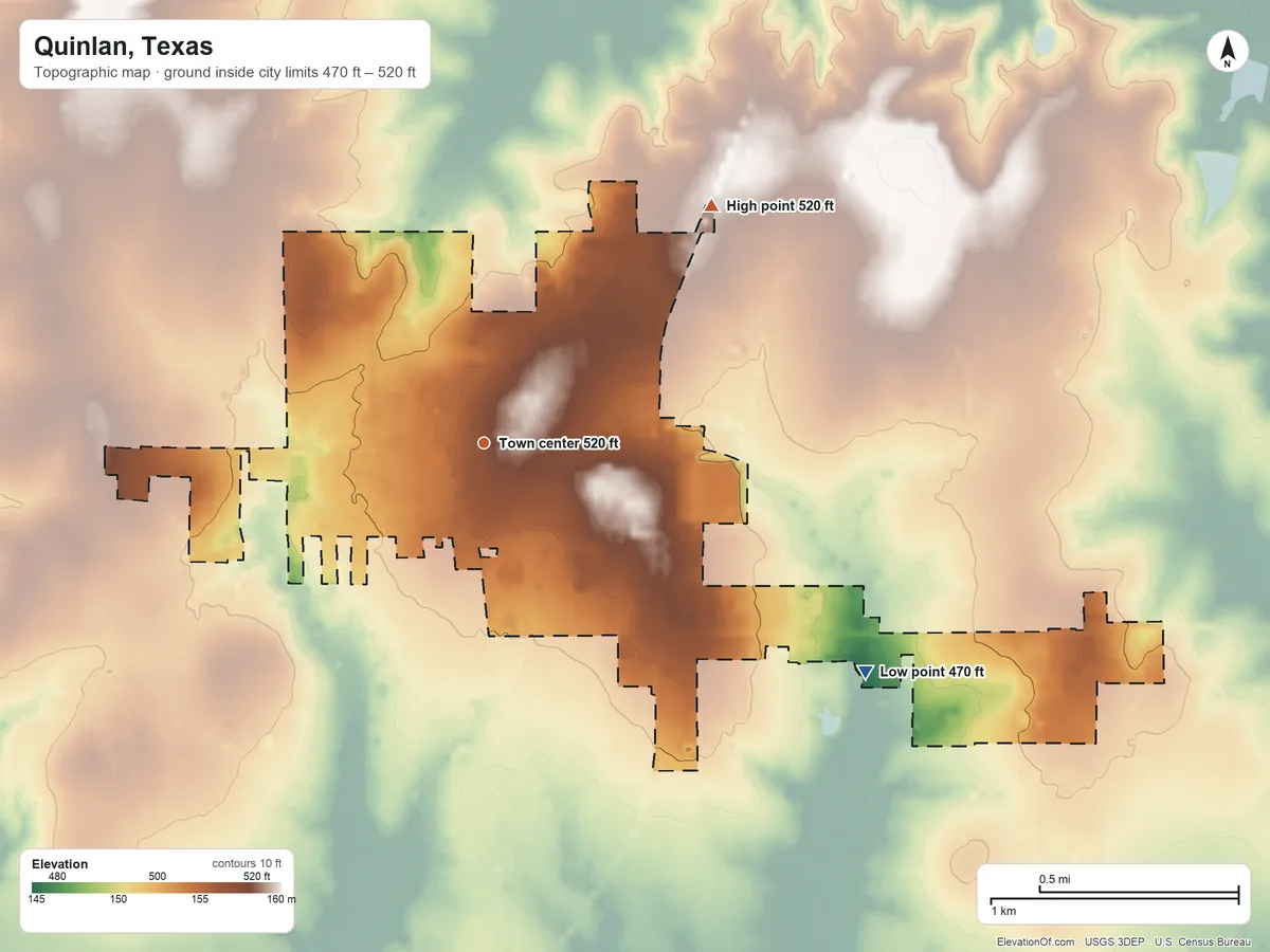 Topographic elevation map of Quinlan, Texas, shaded from 470 ft on the southeast side to 520 ft on the northeast side