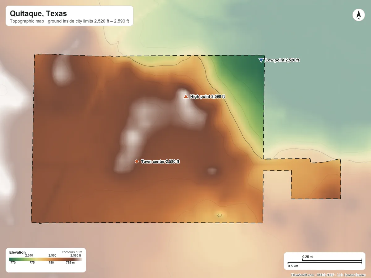 Topographic elevation map of Quitaque, Texas, shaded from 2,520 ft on the northeast side to 2,590 ft on the northeast side