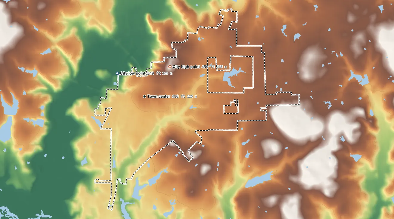 Topographic elevation map of Quitman, Texas, shaded from 340 ft on the northwest side to 450 ft on the northeast side