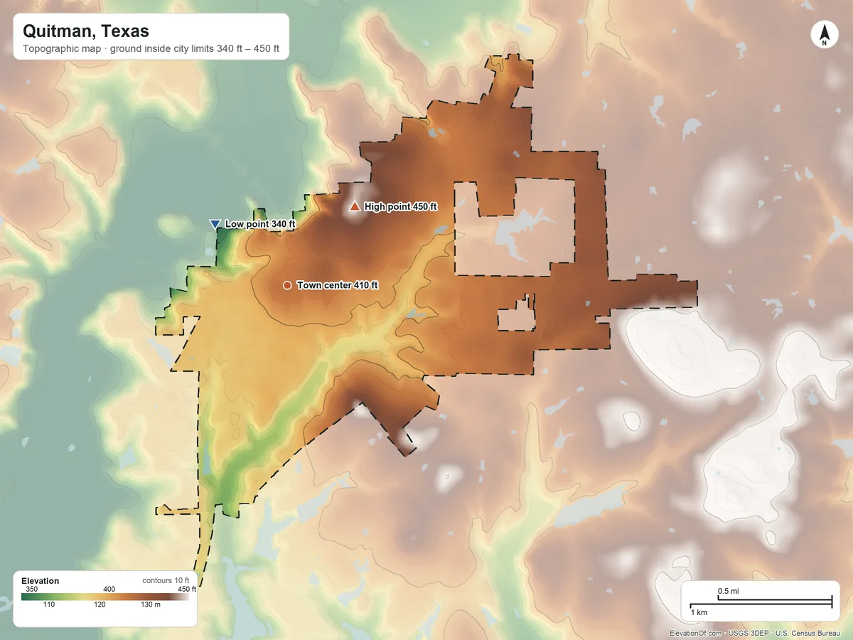 Topographic elevation map of Quitman, Texas, shaded from 340 ft on the northwest side to 450 ft on the northeast side