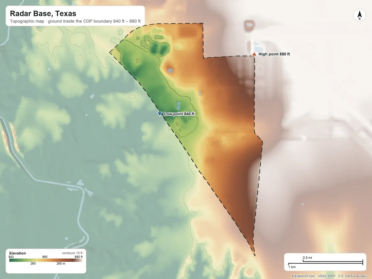 Topographic elevation map of Radar Base, Texas, shaded from 840 ft on the west side to 880 ft on the northeast side