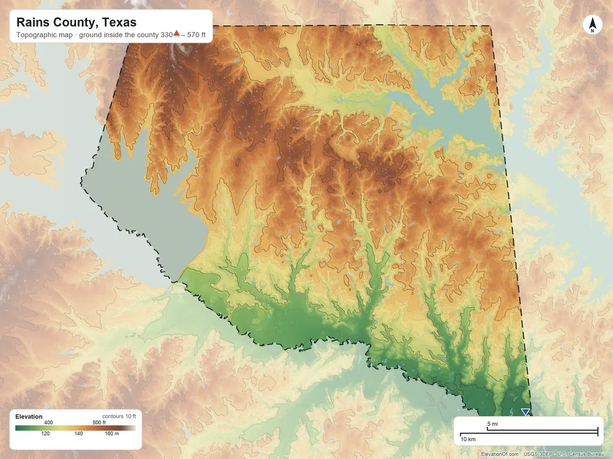 Topographic elevation map of Rains County, Texas, shaded from 330 ft on the southeast side to 570 ft on the northwest side
