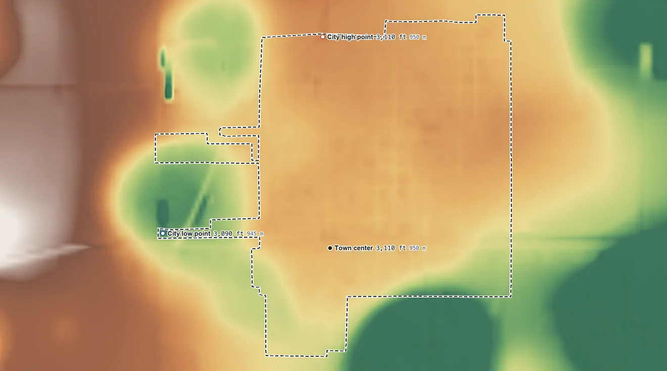 Topographic elevation map of Ralls, Texas, shaded from 3,090 ft on the west side to 3,110 ft on the north side