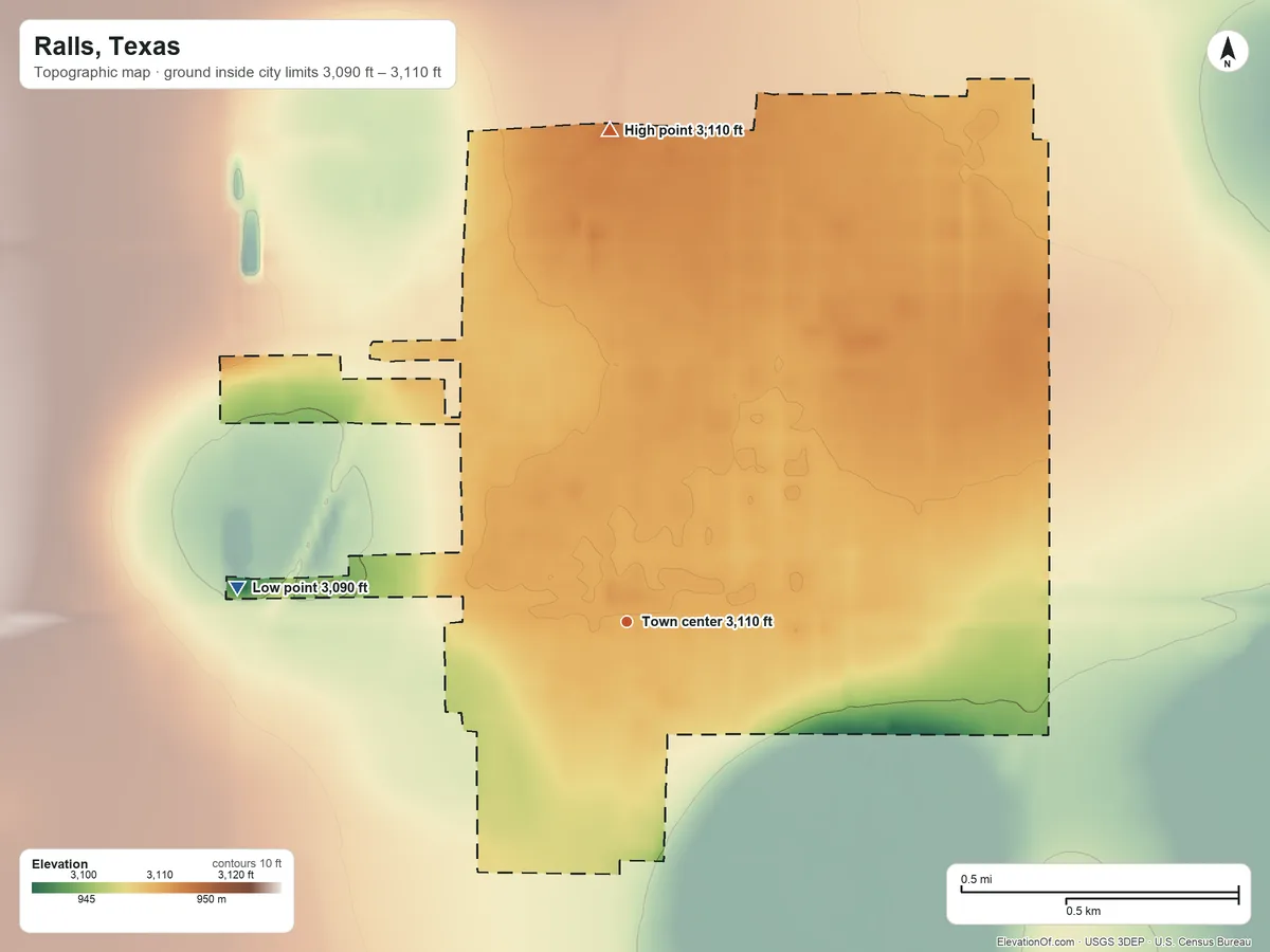 Topographic elevation map of Ralls, Texas, shaded from 3,090 ft on the west side to 3,110 ft on the north side