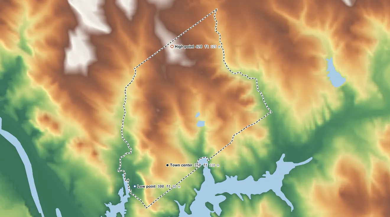 Topographic elevation map of Ramireno, Texas, shaded from 300 ft on the southwest side to 420 ft on the north side