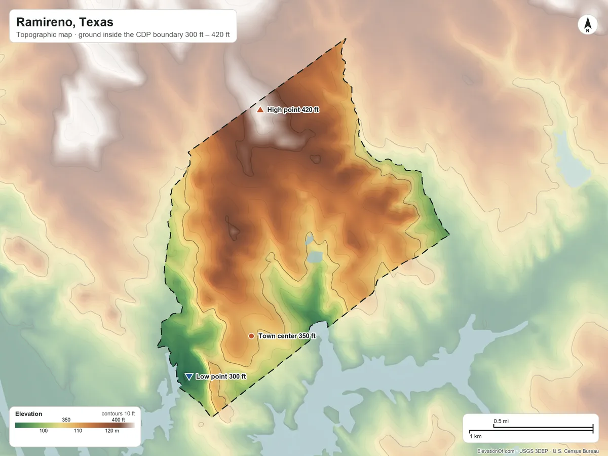 Topographic elevation map of Ramireno, Texas, shaded from 300 ft on the southwest side to 420 ft on the north side