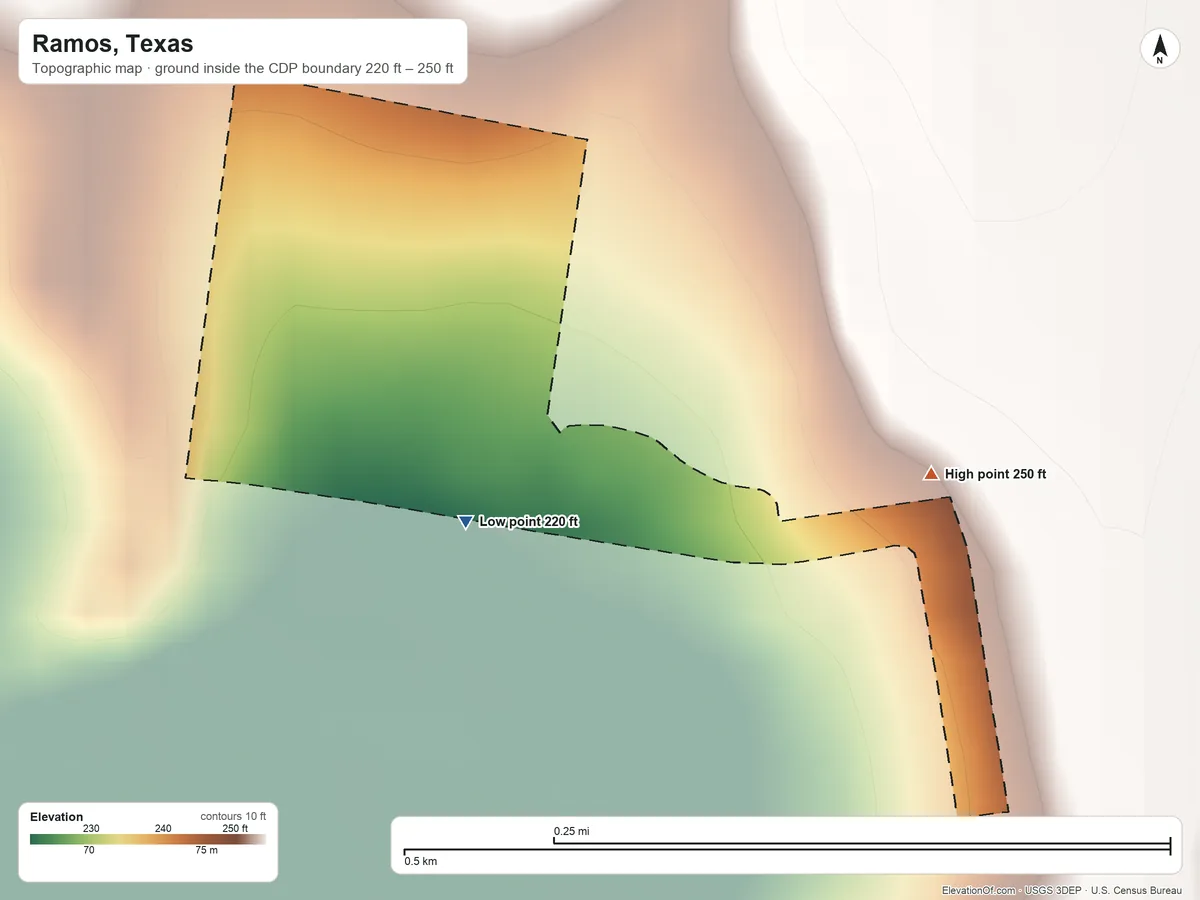 Topographic elevation map of Ramos, Texas, shaded from 220 ft on the west side to 250 ft on the east side