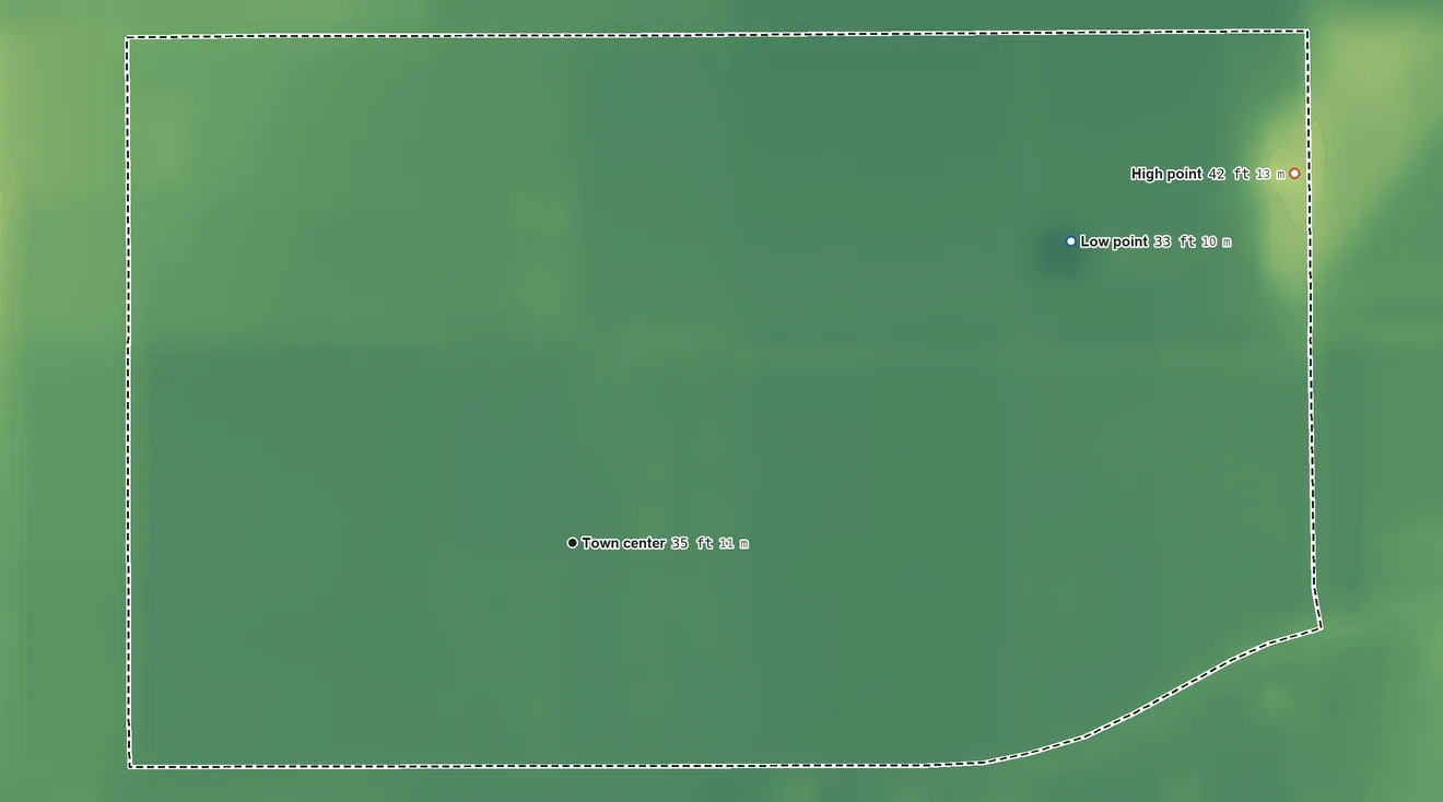 Topographic elevation map of Ranchette Estates, Texas, shaded from 33 ft on the northeast side to 42 ft on the northeast side